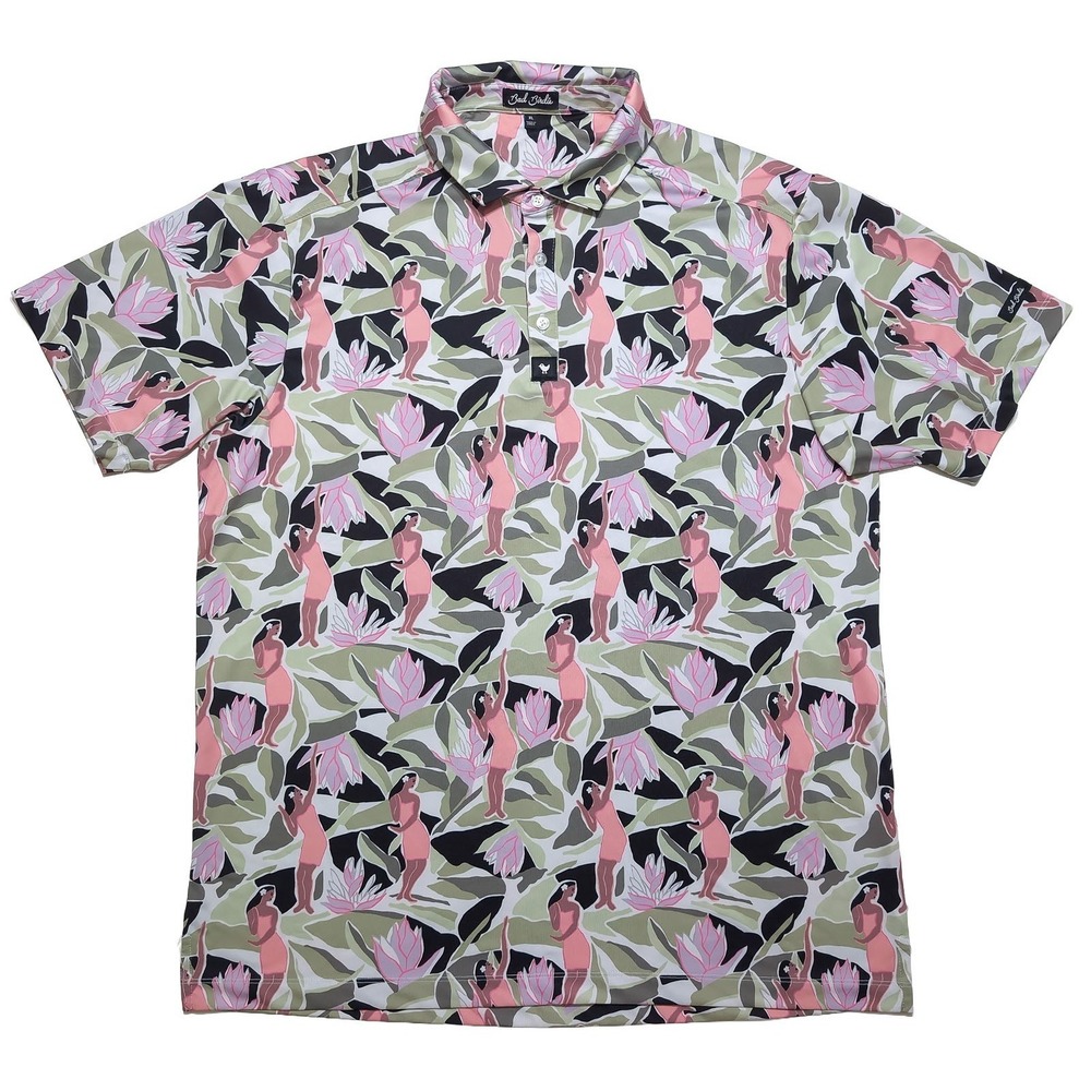 BAD BIRDIE Leilani Polo Shirt‎ Hula Girl Hawaiian Golf Green Pink XL